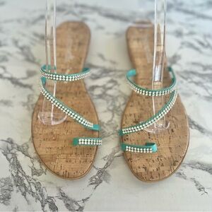 Toscanella Flat Sandals Blue Rhinestone Cork Toe 9.5 Chic Vacation Turquoise